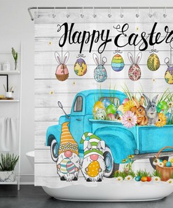 Easter Bunny Gnome Truck Shower Curtain Rustic Board Bathroom Decorations