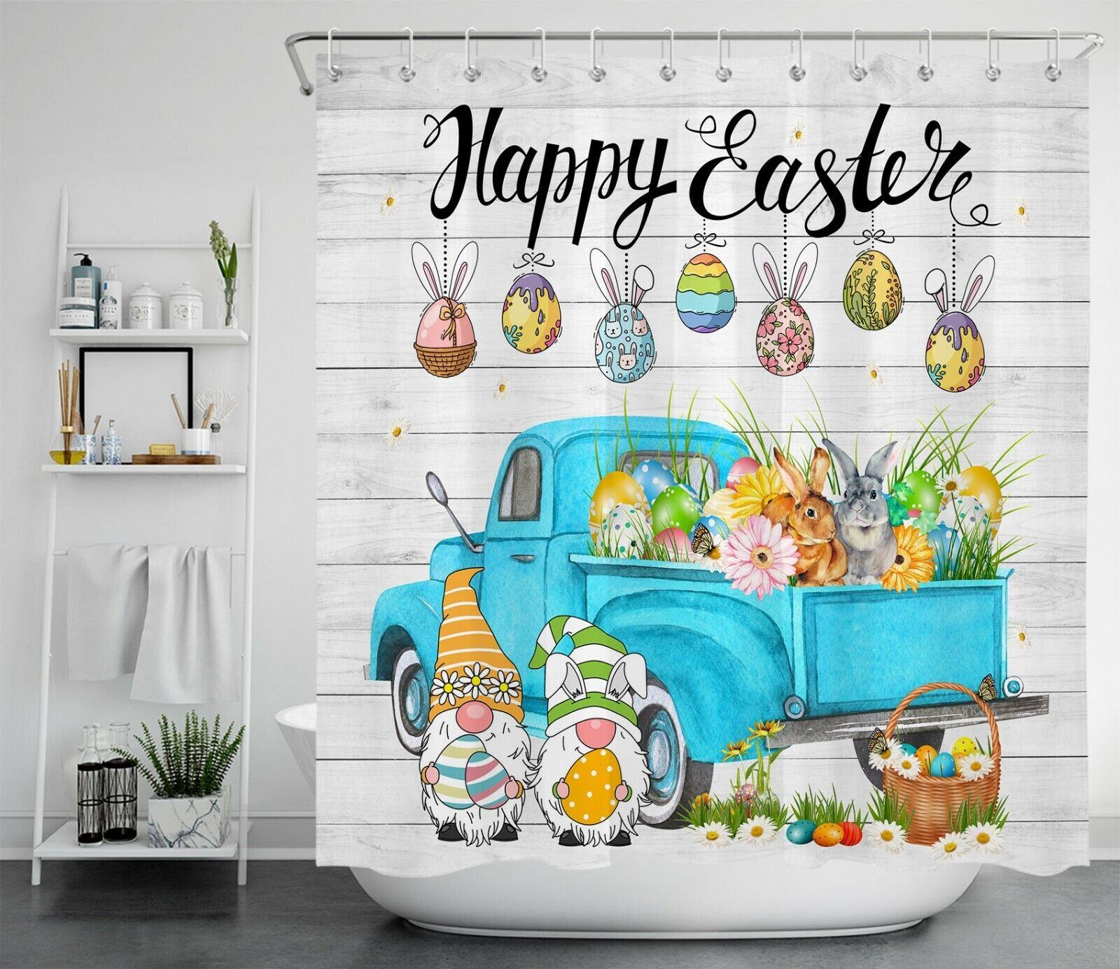 Easter Bunny Gnome Truck Shower Curtain Rustic Board Bathroom Decorations