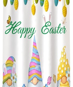 Easter Bunny Gnomes Shower Curtain with Colorful Eggs and Butterfly Design for Festive Bathroom