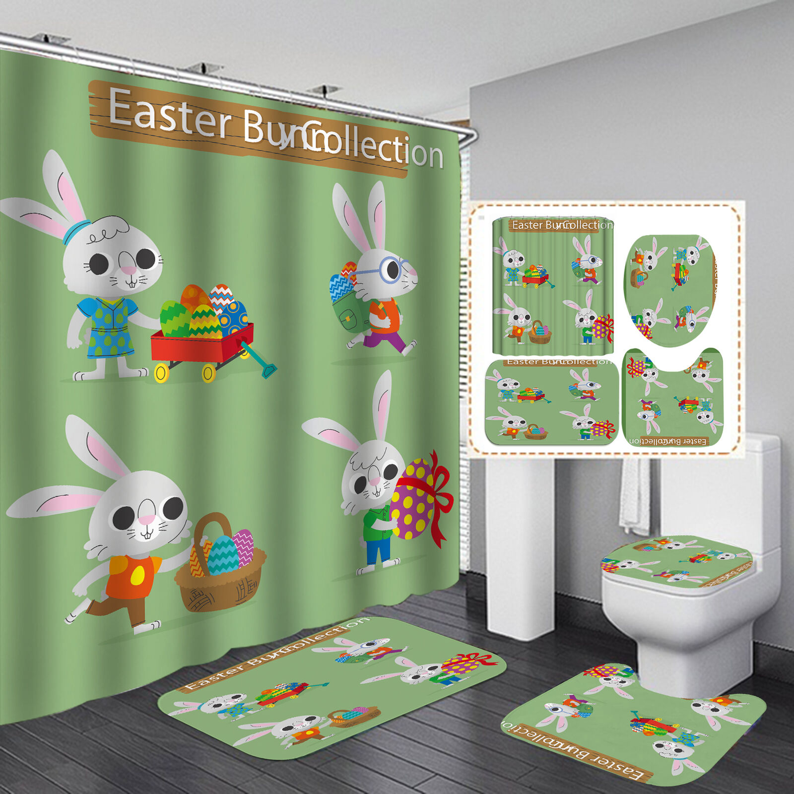 Easter Bunny Rabbit Floral Shower Curtain - Cute Cartoon Bathroom Decor