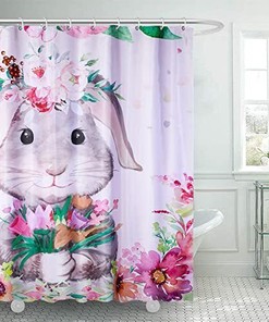 Easter Bunny Rabbit and Spring Flowers Shower Curtain for Fun Theme Bathroom