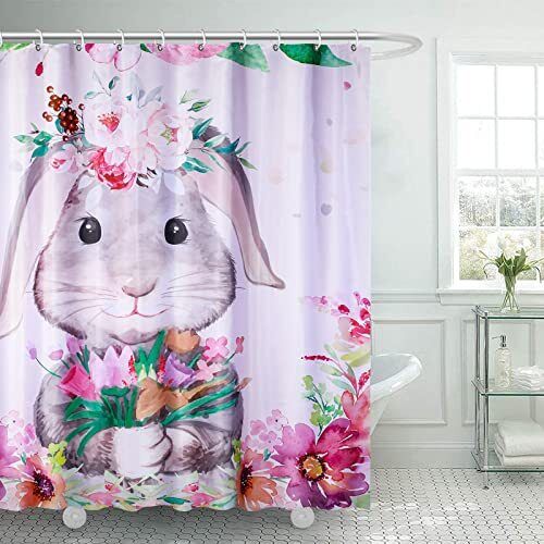 Easter Bunny Rabbit and Spring Flowers Shower Curtain for Fun Theme Bathroom