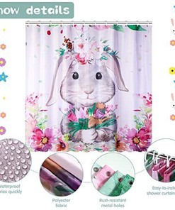 Easter Bunny Rabbit and Spring Flowers Shower Curtain for Fun Theme Bathroom