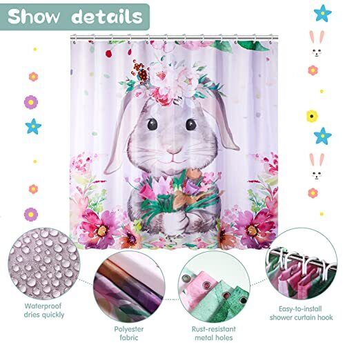 Easter Bunny Rabbit and Spring Flowers Shower Curtain for Fun Theme Bathroom