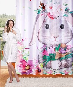 Easter Bunny Rabbit and Spring Flowers Shower Curtain for Fun Theme Bathroom