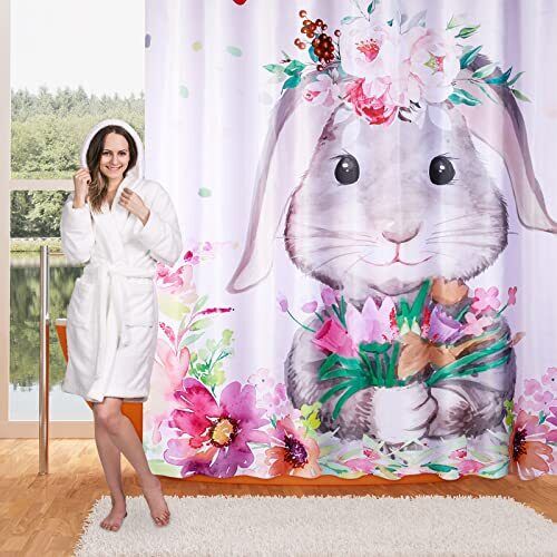 Easter Bunny Rabbit and Spring Flowers Shower Curtain for Fun Theme Bathroom