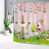 Easter Bunny Shower Curtain, Blue Egg With Pink Bow And Floral Design, Cute Rabbit On Green Grass, Spring Holiday Decor
