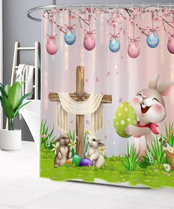 Easter Bunny Shower Curtain, Blue Egg With Pink Bow And Floral Design, Cute Rabbit On Green Grass, Spring Holiday Decor