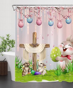 Easter Bunny Shower Curtain, Blue Egg With Pink Bow And Floral Design, Cute Rabbit On Green Grass, Spring Holiday Decor