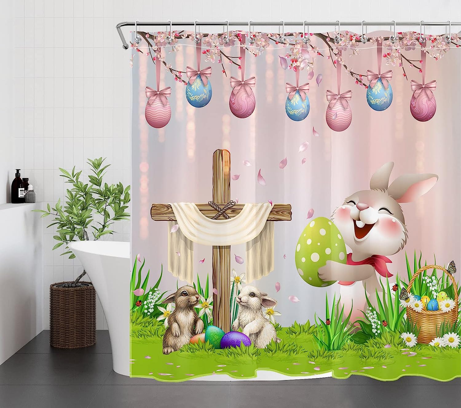 Easter Bunny Shower Curtain, Blue Egg With Pink Bow And Floral Design, Cute Rabbit On Green Grass, Spring Holiday Decor