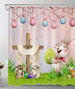 Easter Bunny Shower Curtain, Blue Egg With Pink Bow And Floral Design, Cute Rabbit On Green Grass, Spring Holiday Decor