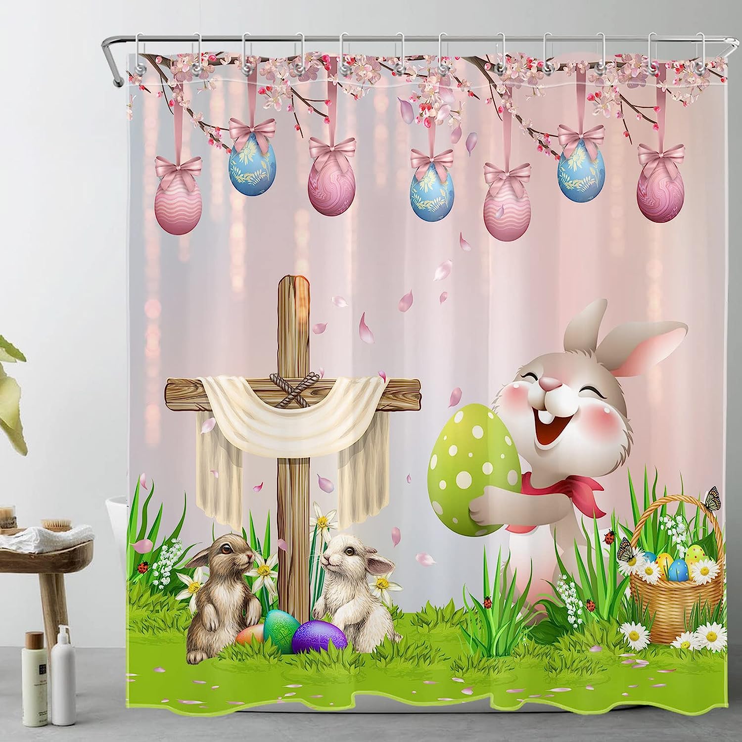 Easter Bunny Shower Curtain, Blue Egg With Pink Bow And Floral Design, Cute Rabbit On Green Grass, Spring Holiday Decor
