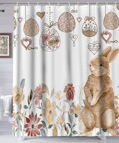 Easter Bunny Shower Curtain, Bunny Easter Egg Curtain for Bathroom Decor, Spring Floral Bath Curtain 