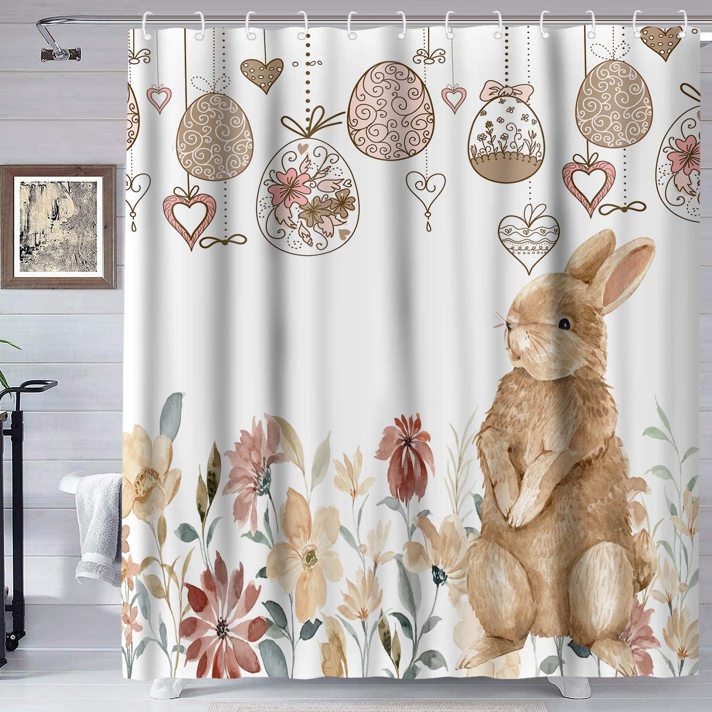 Easter Bunny Shower Curtain, Bunny Easter Egg Curtain for Bathroom Decor, Spring Floral Bath Curtain