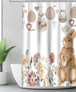 Easter Bunny Shower Curtain, Bunny Easter Egg Curtain for Bathroom Decor, Spring Floral Bath Curtain