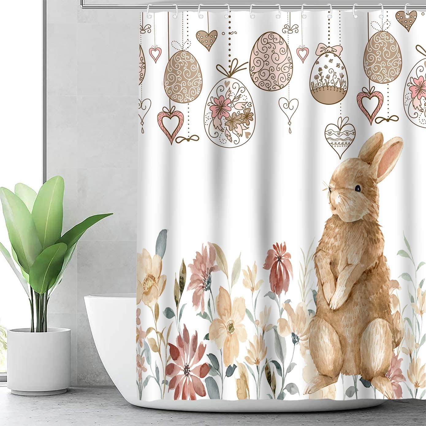 Easter Bunny Shower Curtain, Bunny Easter Egg Curtain for Bathroom Decor, Spring Floral Bath Curtain