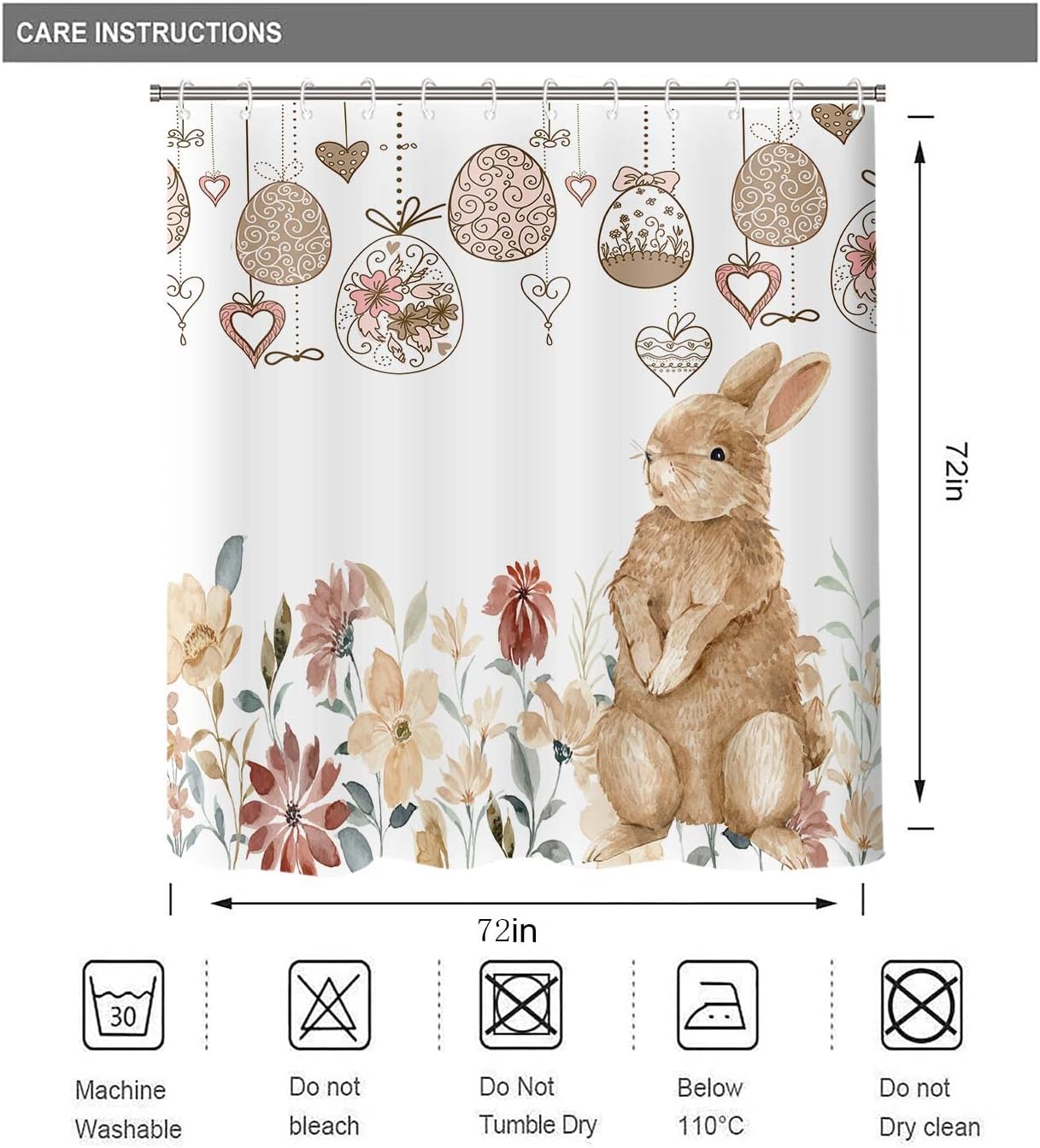 Easter Bunny Shower Curtain, Bunny Easter Egg Curtain for Bathroom Decor, Spring Floral Bath Curtain