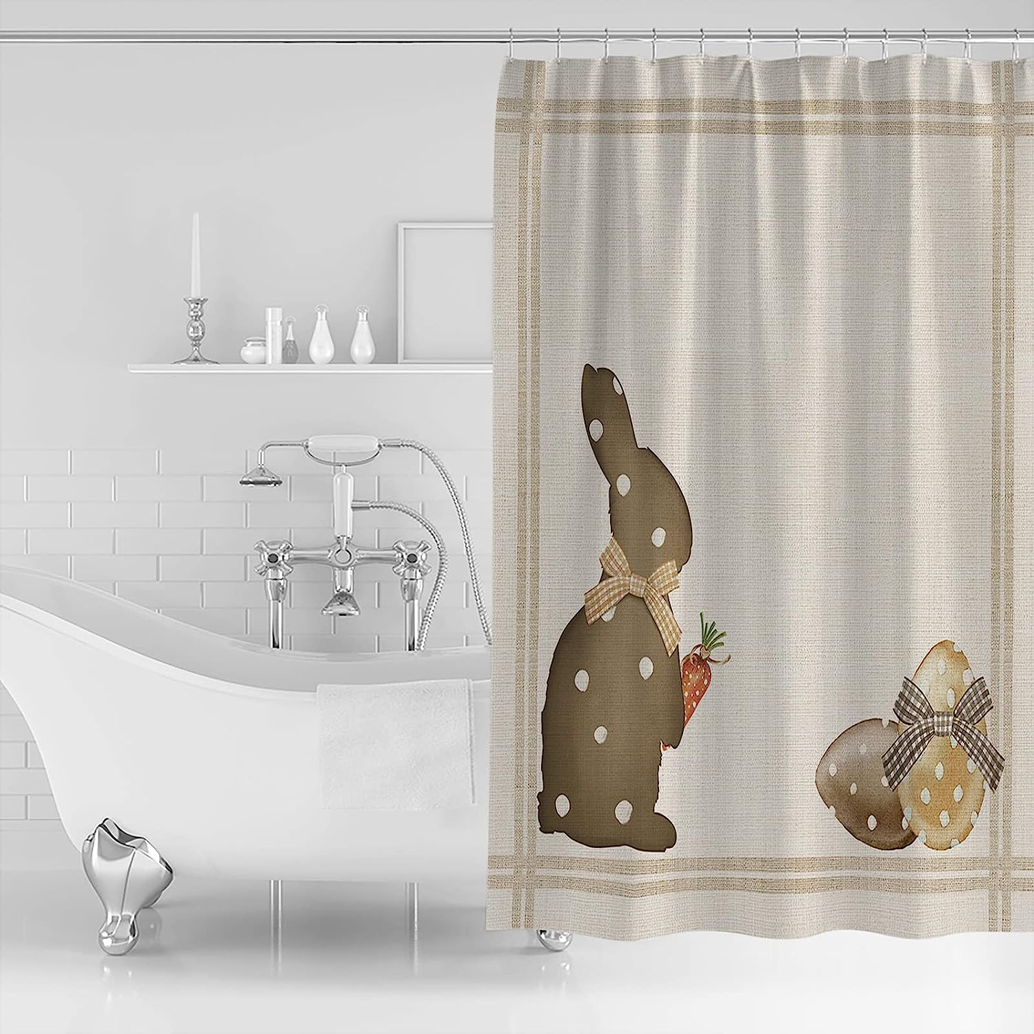 Easter Bunny Shower Curtain - Dots Rabbit Eggs Farmhouse Buffalo Plaid - Waterproof Decor For Bathrooms - Image 2