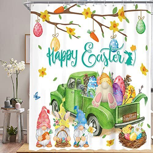 Easter Bunny Shower Curtain For Bathroom With Happy Easter Greeting
