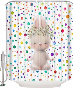 Easter Bunny Shower Curtain - Funny Rabbit Summer Daisy Colorful Polka Dots Waterproof Fabric Bathroom Decor