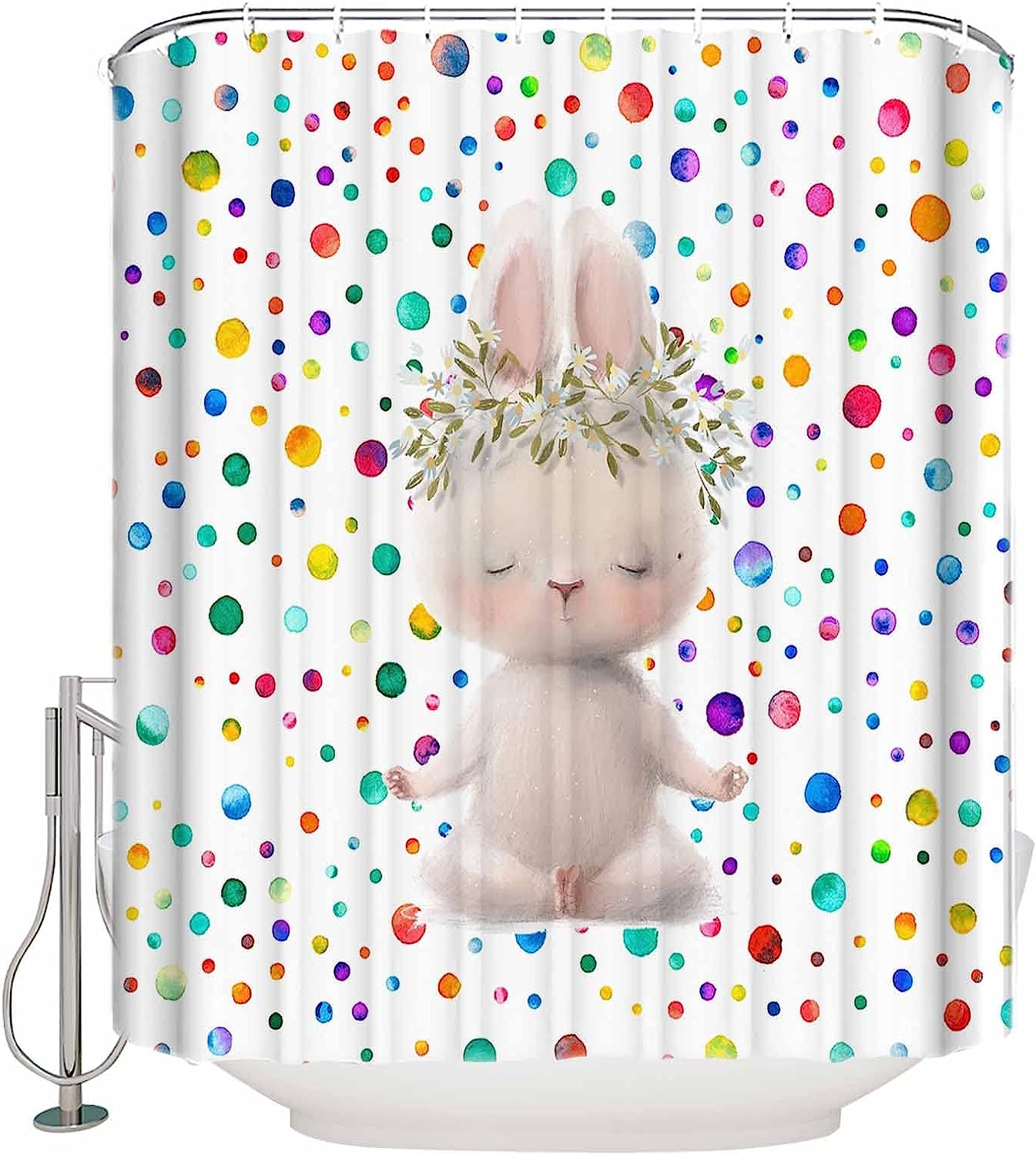 Easter Bunny Shower Curtain - Funny Rabbit Summer Daisy Colorful Polka Dots Waterproof Fabric Bathroom Decor