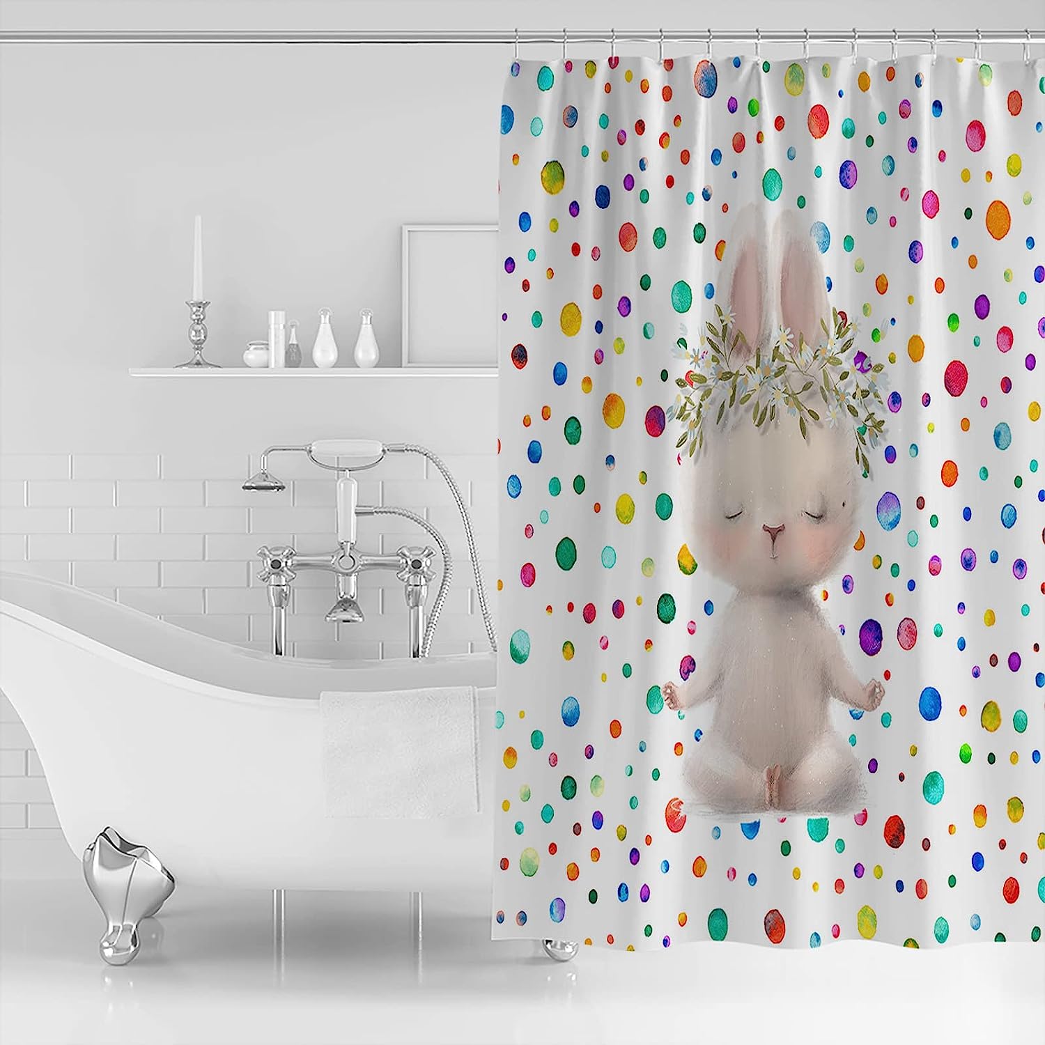 Easter Bunny Shower Curtain - Funny Rabbit Summer Daisy Colorful Polka Dots Waterproof Fabric Bathroom Decor