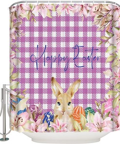 Easter Bunny Shower Curtain - Seasonal Purple Plaid for Bathroom Bathtubs