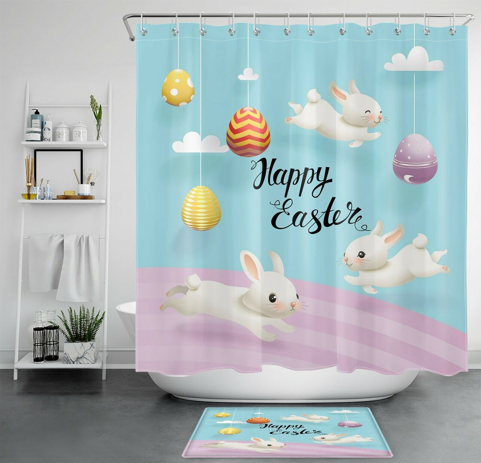 Easter Bunny Shower Curtain Set - Colorful And Fun Bathroom Decor