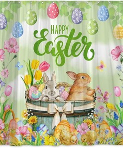 Easter Bunny Shower Curtain - Spring Colorful Floral Flower Eggs Bathroom Decorations