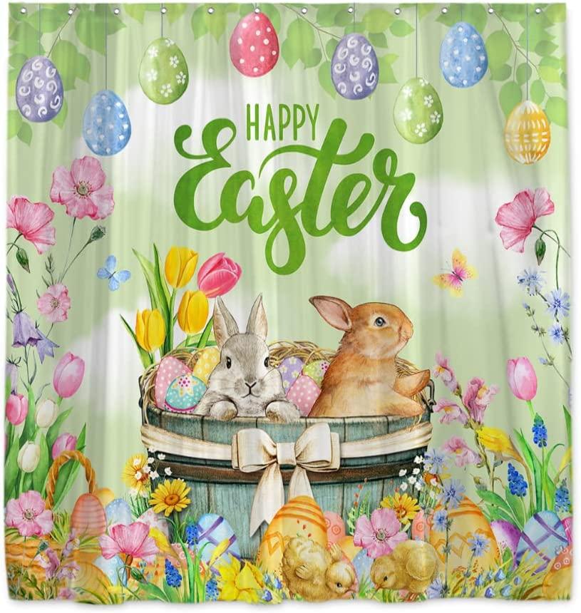 Easter Bunny Shower Curtain - Spring Colorful Floral Flower Eggs Bathroom Decorations