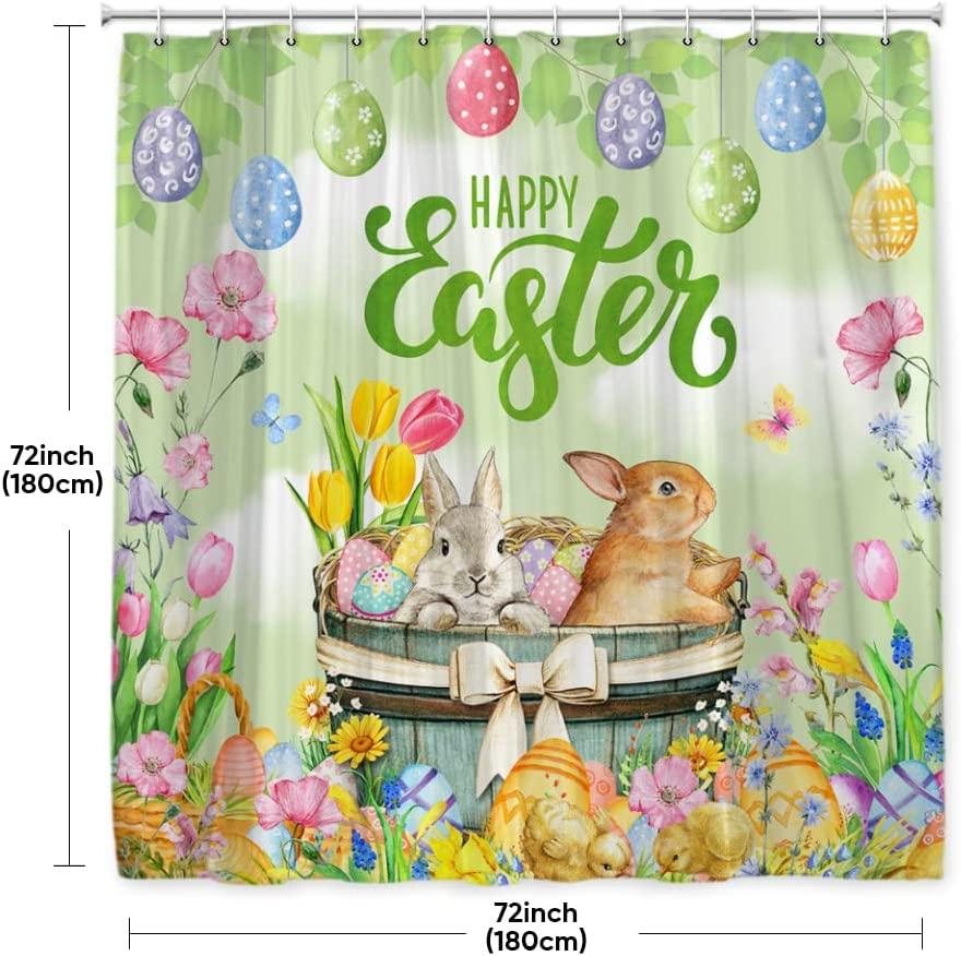 Easter Bunny Shower Curtain - Spring Colorful Floral Flower Eggs Bathroom Decorations
