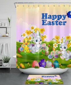 Easter Bunny Shower Curtain - Spring Flowers Egg Cute Bathroom Accessory