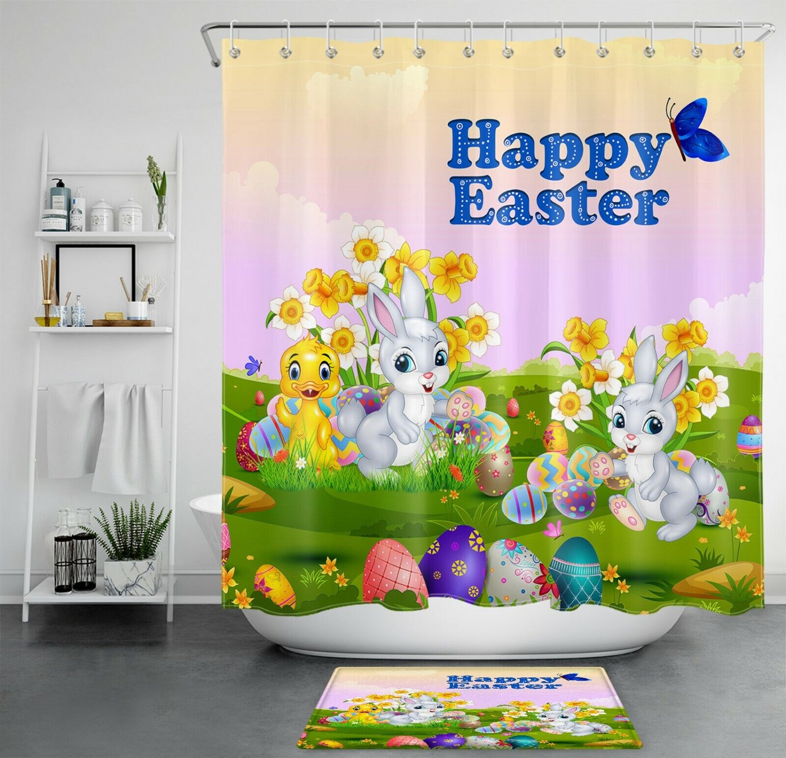 Easter Bunny Shower Curtain - Spring Flowers Egg Cute Bathroom Accessory