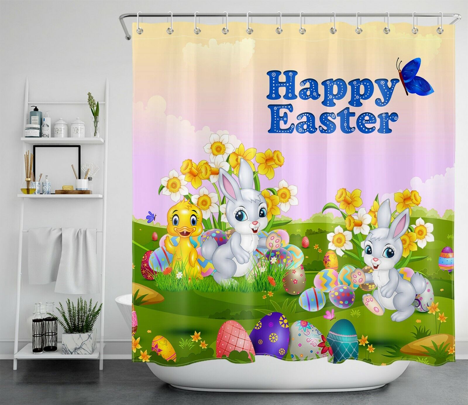 Easter Bunny Shower Curtain - Spring Flowers Egg Cute Bathroom Accessory - Image 2