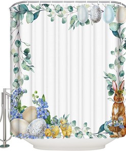 Easter Bunny Shower Curtain with Summer Eucalyptus - LB Floral Eggs Waterproof Fabric Bathroom Accessories