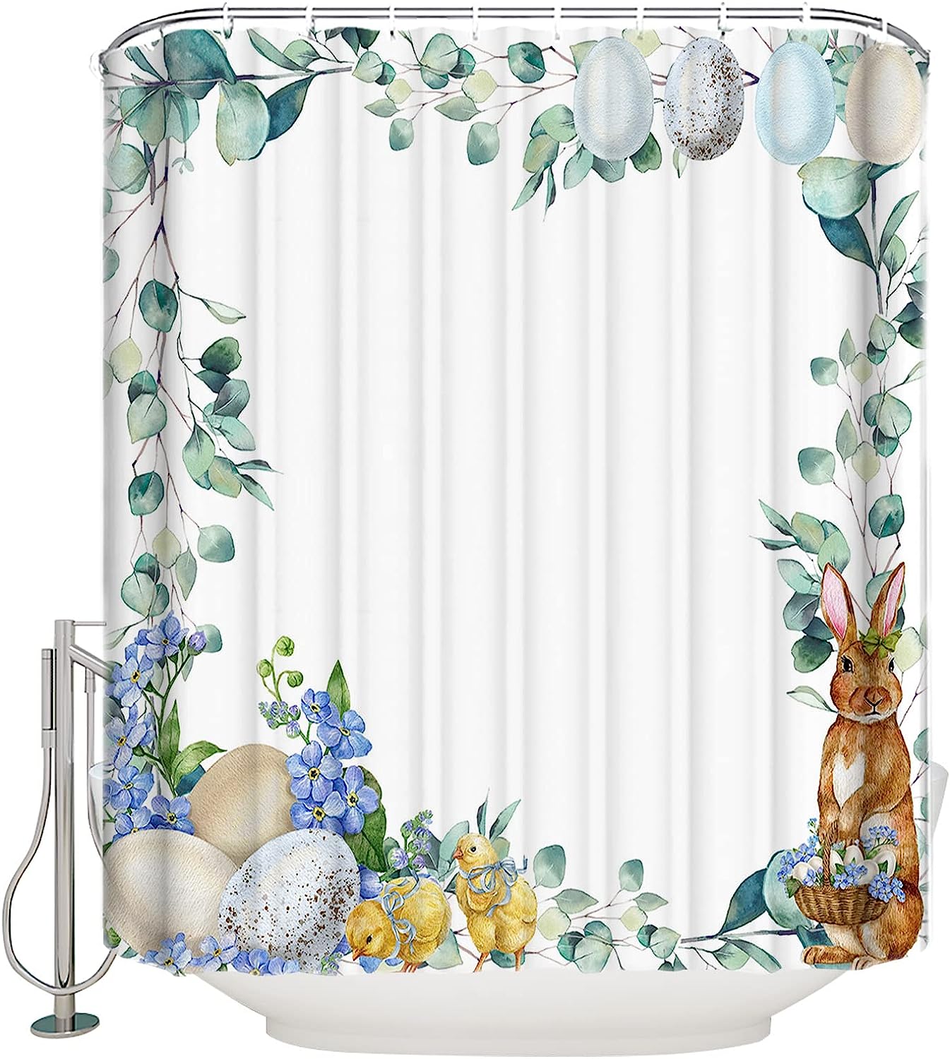 Easter Bunny Shower Curtain with Summer Eucalyptus - LB Floral Eggs Waterproof Fabric Bathroom Accessories