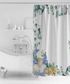 Easter Bunny Shower Curtain with Summer Eucalyptus - LB Floral Eggs Waterproof Fabric Bathroom Accessories