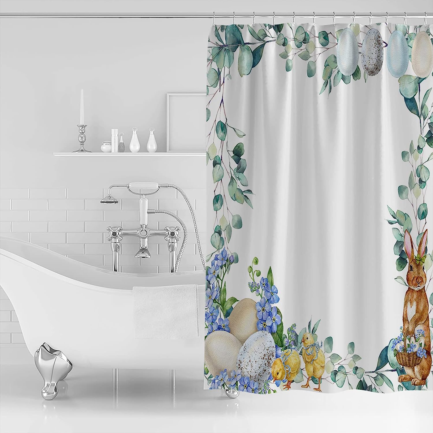 Easter Bunny Shower Curtain with Summer Eucalyptus - LB Floral Eggs Waterproof Fabric Bathroom Accessories