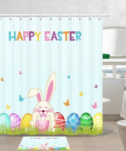 Easter Bunny and Colored Eggs Fabric Shower Curtain with 12 Hooks for Seasonal Bathroom Decor