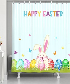 Easter Bunny and Colored Eggs Fabric Shower Curtain with 12 Hooks for Seasonal Bathroom Decor