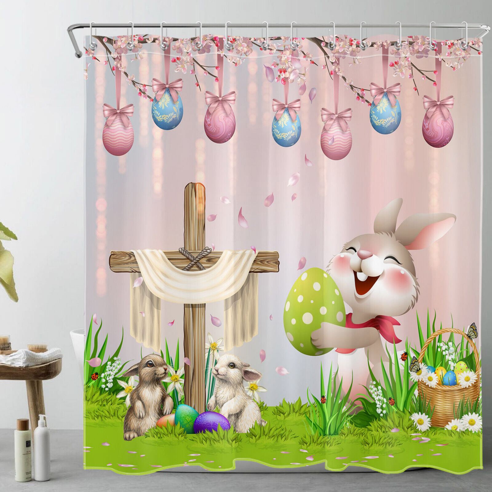 Easter Bunny and Flower Prints on Pink Shower Curtain for Bathroom