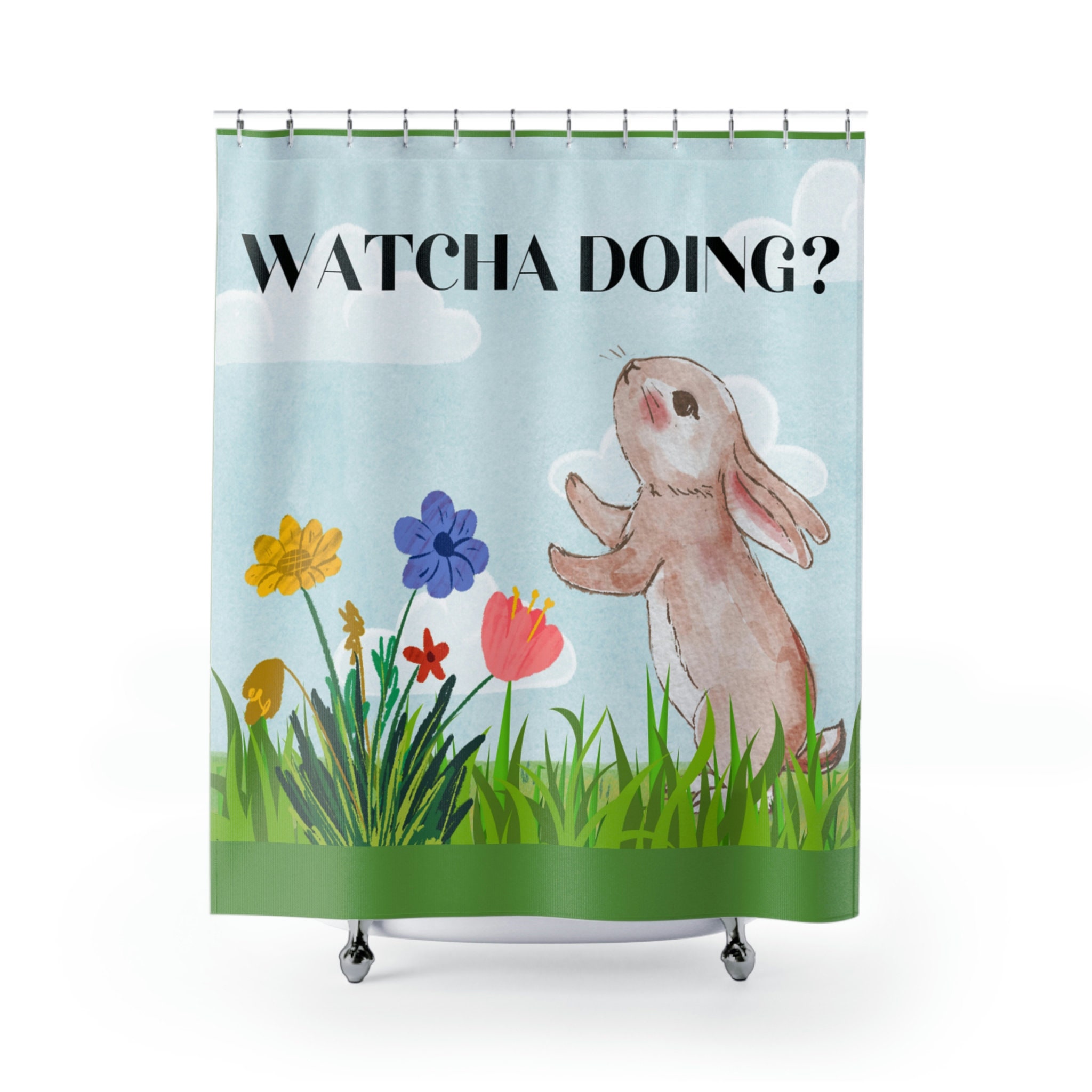 Easter Bunny and Flowers Shower Curtain for Cheerful Bathroom Decor, 72x72 - Kids Bathroom Shower Curtain