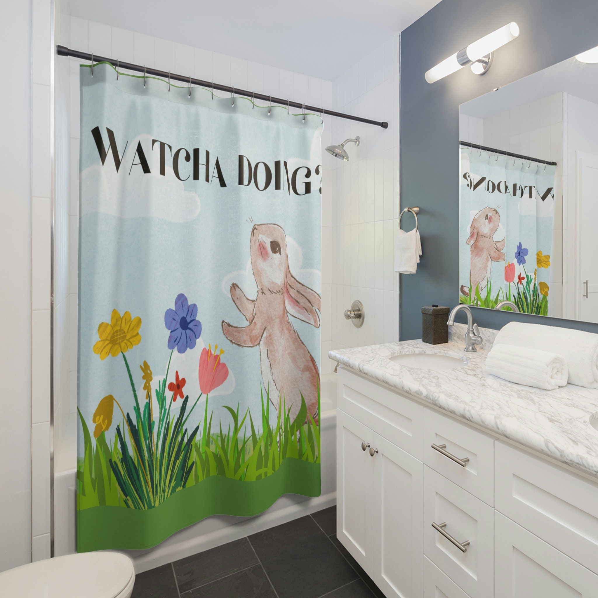 Easter Bunny and Flowers Shower Curtain for Cheerful Bathroom Decor, 72x72 - Kids Bathroom Shower Curtain