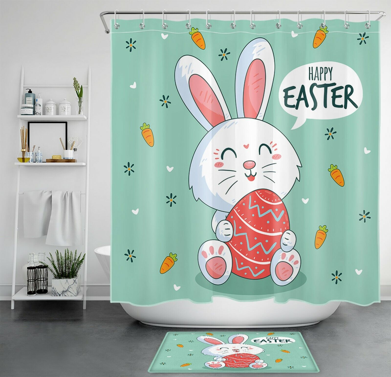 Easter Carrot Shower Curtain - Jolly Bunny Egg Bathroom Decor