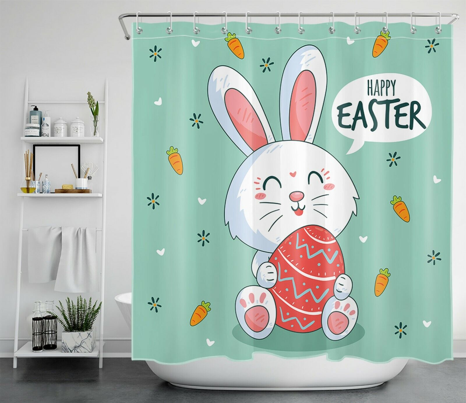 Easter Carrot Shower Curtain - Jolly Bunny Egg Bathroom Decor - Image 2