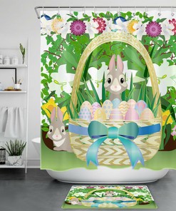 Easter Cartoon Bunny with Colorful Eggs Shower Curtain for Spring 