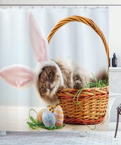 Easter Cat And Bunny Shower Curtain - Cloth Fabric Bathroom Decor In Soft Blue Multicolor