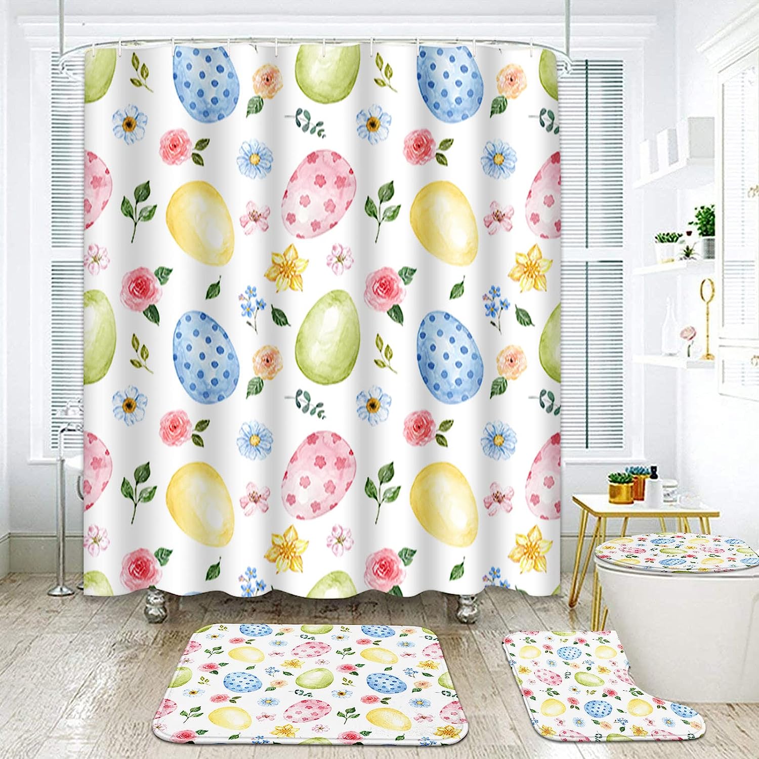 Easter Colorful Eggs And Flowers White Shower Curtain And Beautiful Shower Curtain Designs