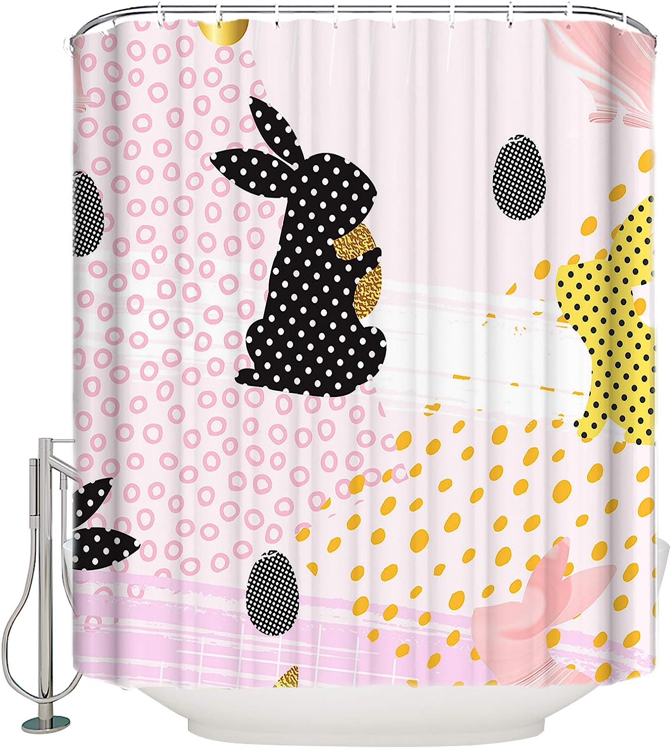 Easter Day Bunny Egg Silhouettes Shower Curtain Waterproof Fabric Decor For Bathroom Black Pink