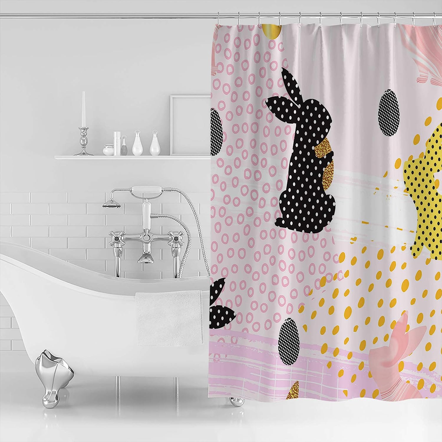 Easter Day Bunny Egg Silhouettes Shower Curtain Waterproof Fabric Decor For Bathroom Black Pink